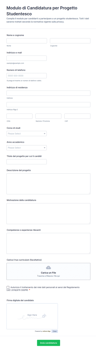 Modulo Di Candidatura Per Progetto Studentesco
