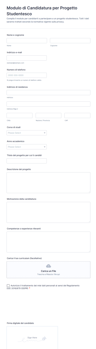 Modulo Di Candidatura Per Progetto Studentesco