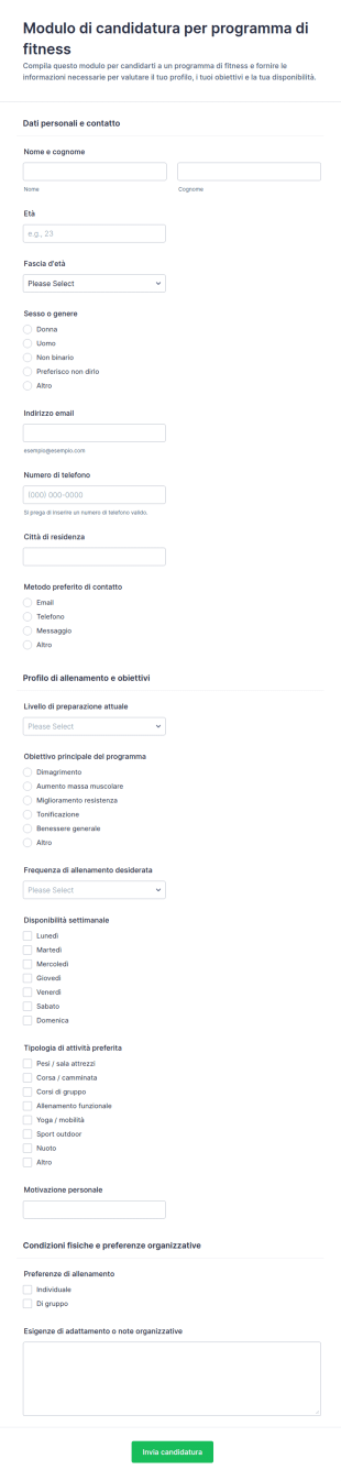 Modulo Di Candidatura Per Programma Fitness