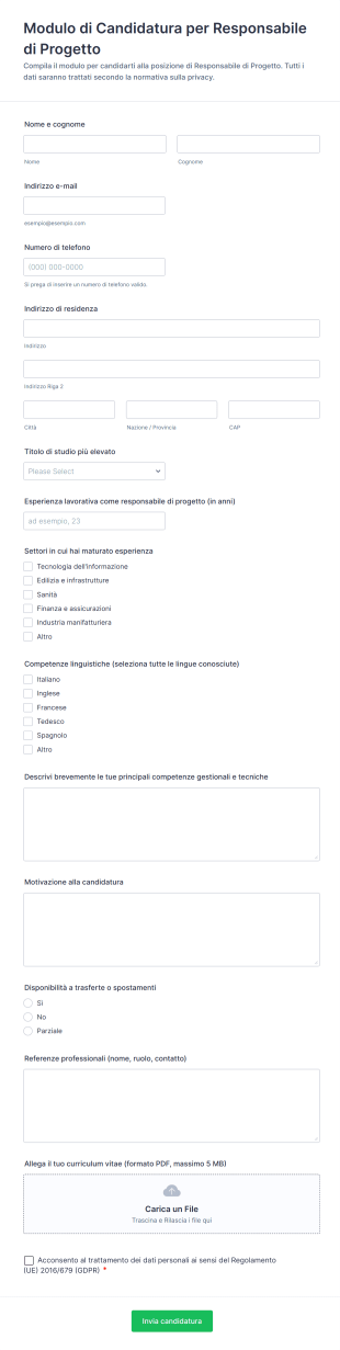 Modulo Di Candidatura Per Responsabile Di Progetto