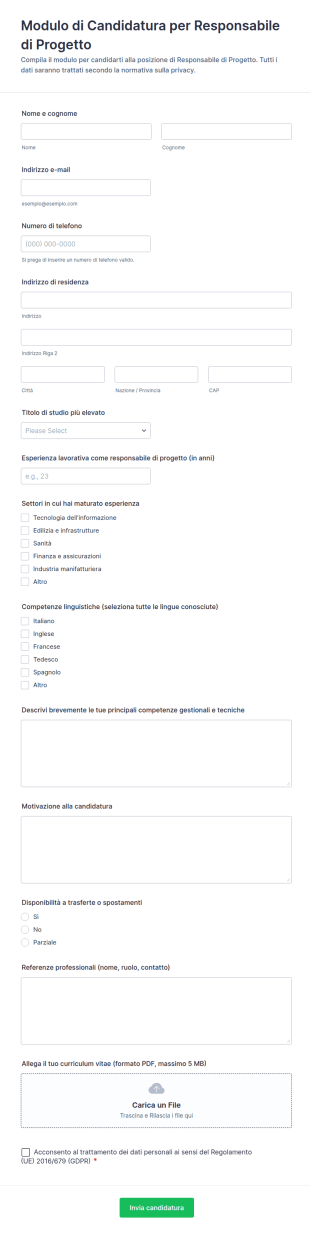 Modulo Di Candidatura Per Responsabile Di Progetto