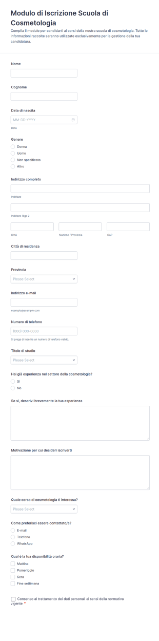 Modulo Di Candidatura Per Scuola Di Estetica