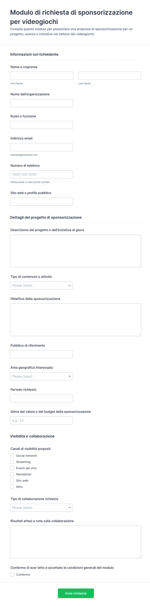 Modulo Di Candidatura Per Sponsorizzazioni Di Videogiochi
