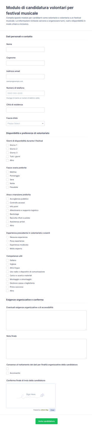 Modulo Di Candidatura Per Volontari Del Festival Musicale