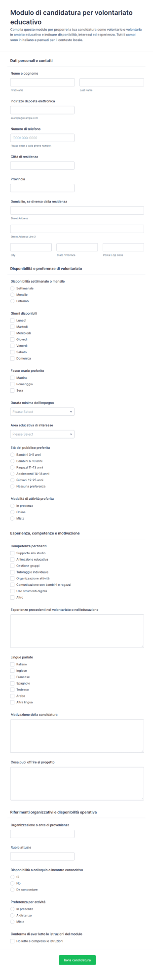 Modulo Di Candidatura Per Volontari Educativi