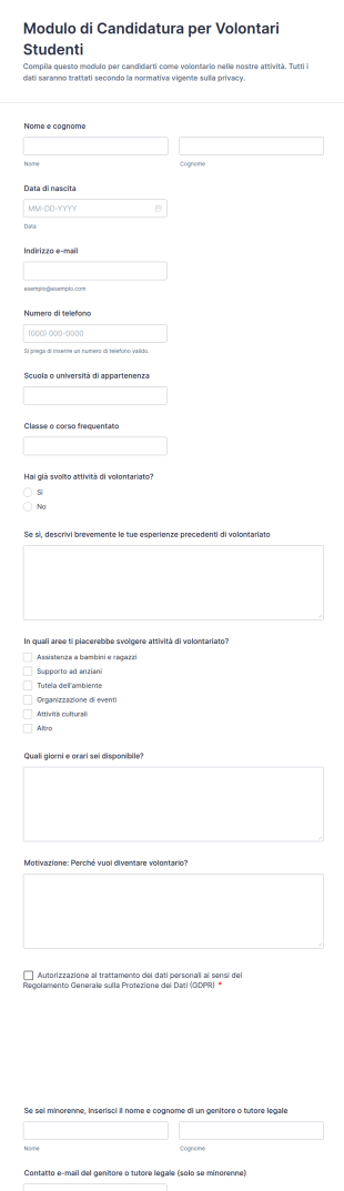 Modulo Di Candidatura Per Volontari Studenti