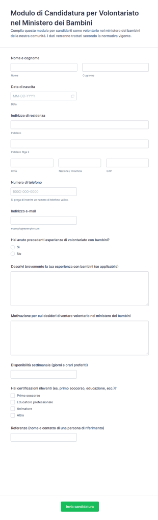 Modulo Di Candidatura Per Volontariato Nel Ministero Dei Bambini