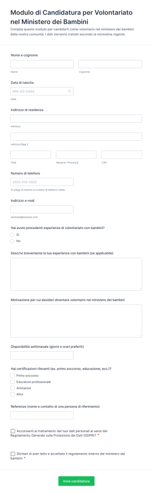 Modulo Di Candidatura Per Volontariato Nel Ministero Dei Bambini