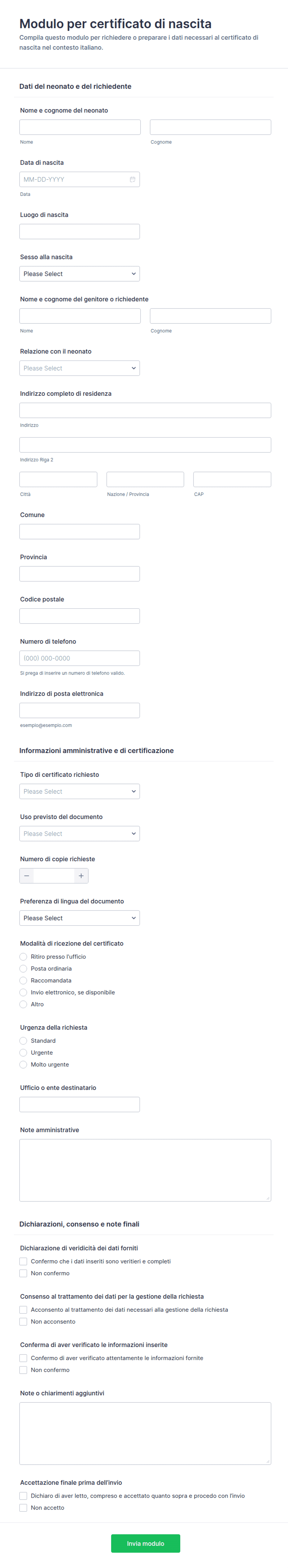 Modulo di Certificazione di Nascita | Jotform