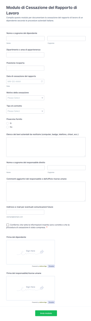 Modulo Di Cessazione Del Rapporto Di Lavoro Form Template