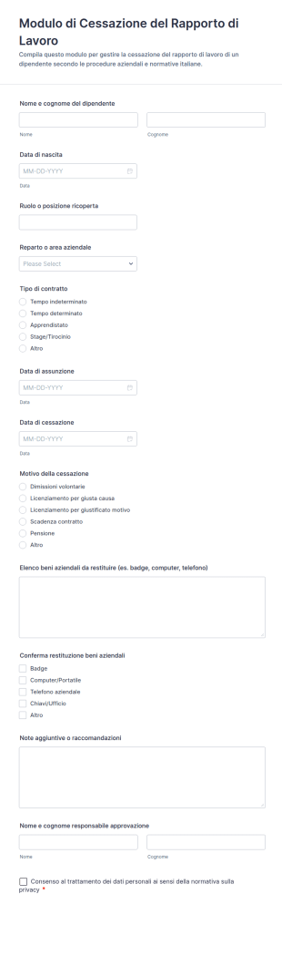 Modulo Di Cessazione Del Rapporto Di Lavoro