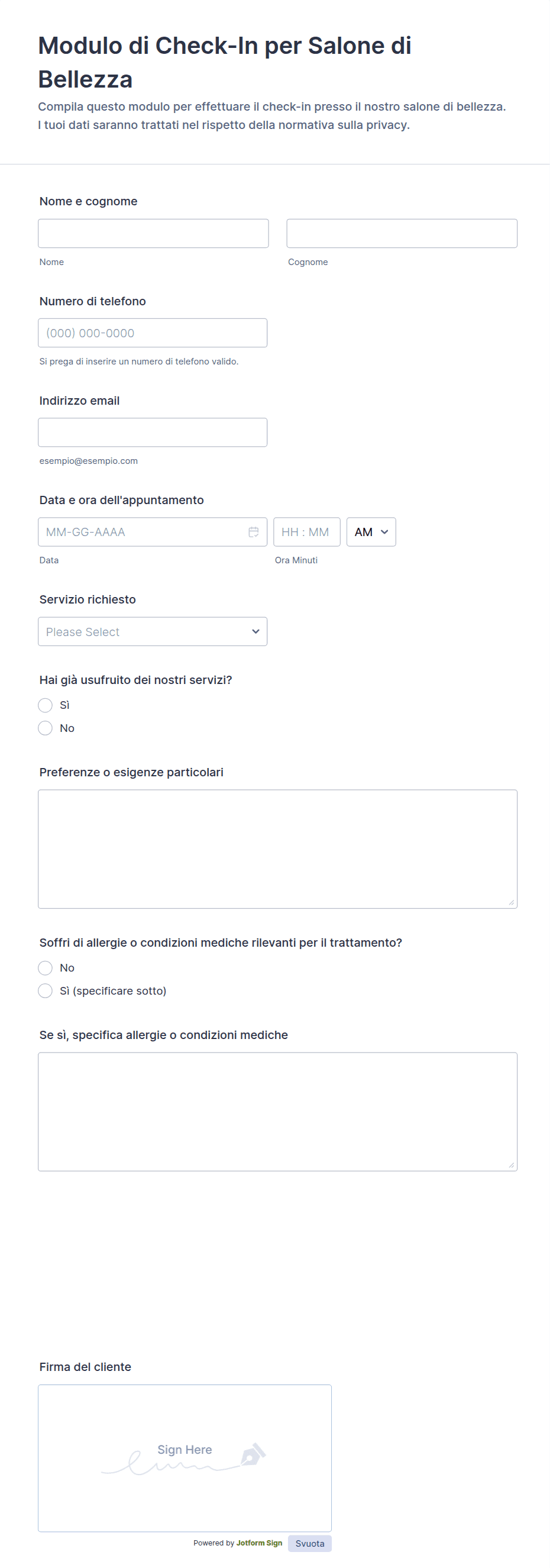 Modulo di Check-in per Parrucchiere e Beauty Salon | Jotform