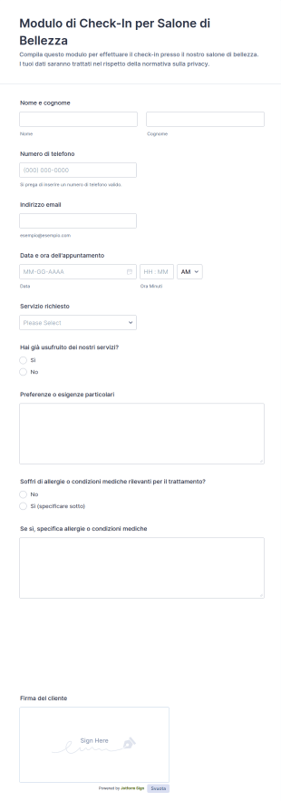 Modulo Di Check In Per Parrucchiere E Beauty Salon