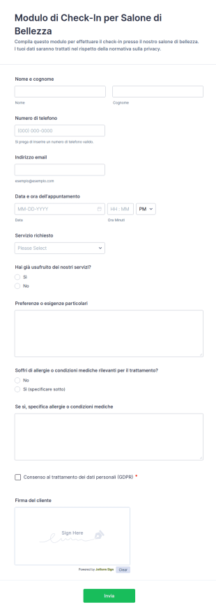 Modulo Di Check In Per Parrucchiere E Beauty Salon