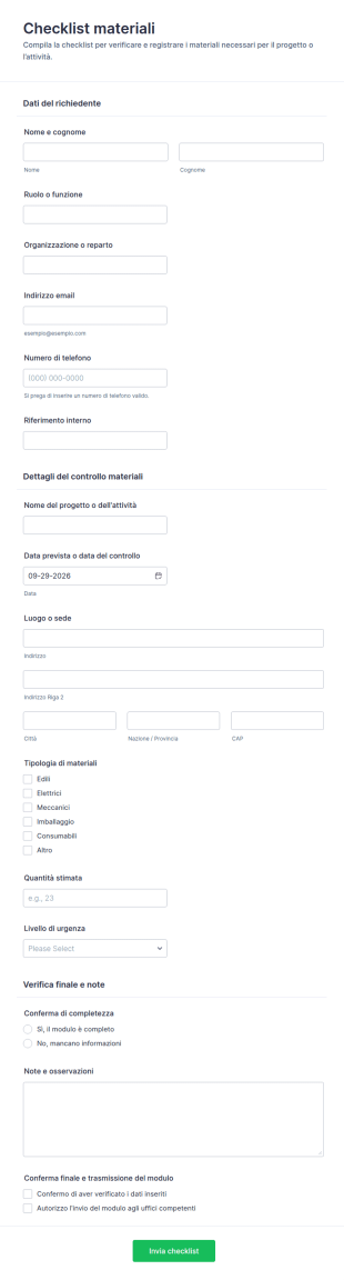 Modulo Di Checklist Dei Materiali