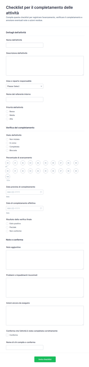 Modulo Di Checklist Di Completamento Attività