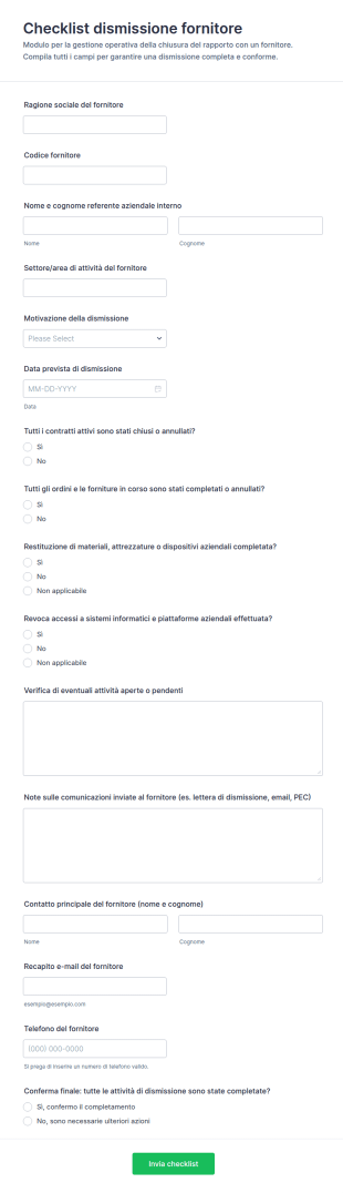Modulo Di Checklist Per La Disattivazione Del Fornitore