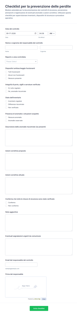 Modulo Di Checklist Per La Prevenzione Delle Perdite