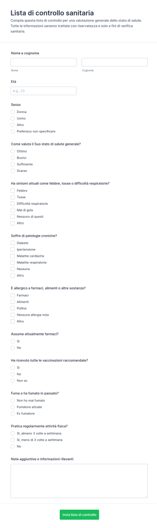 Modulo Di Checklist Per La Salute
