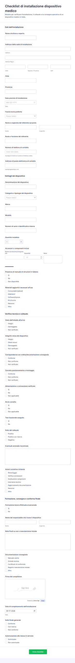 Modulo Di Checklist Per L’installazione Di Dispositivi Medici