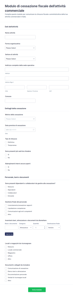 Modulo Di Chiusura Della Contabilità Fiscale Dell’Impresa