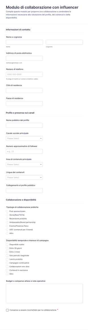 Modulo Di Collaborazione Con Influencer