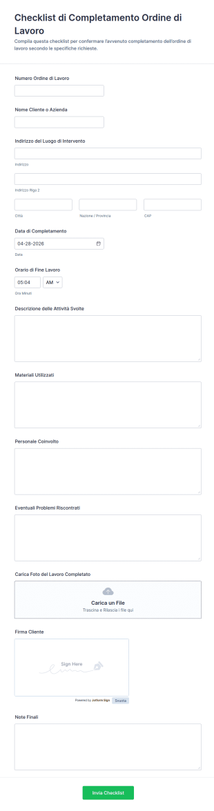 Modulo Di Completamento Ordine Di Lavoro