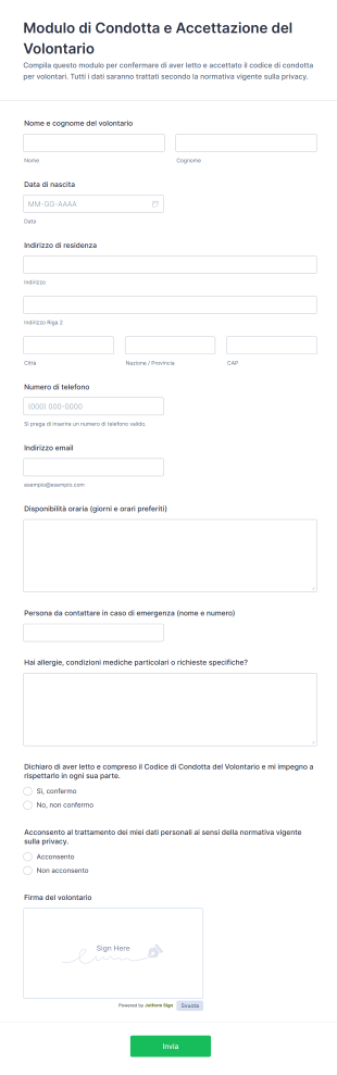 Modulo Di Condotta E Accettazione Del Volontario