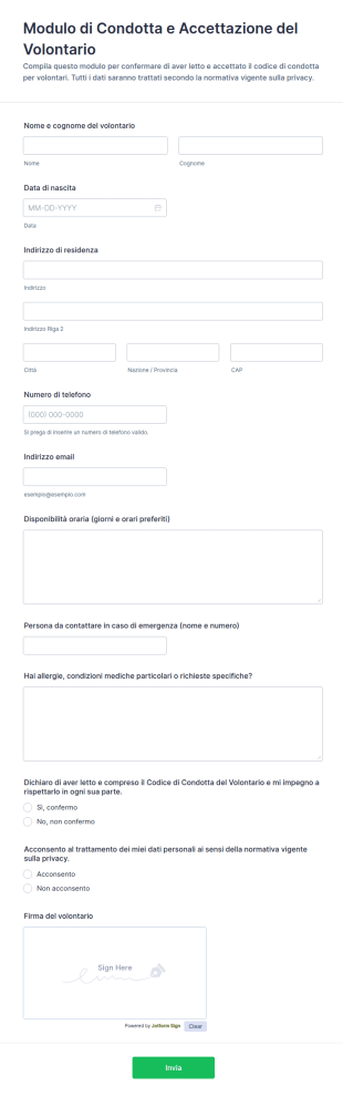 Modulo Di Condotta E Accettazione Del Volontario