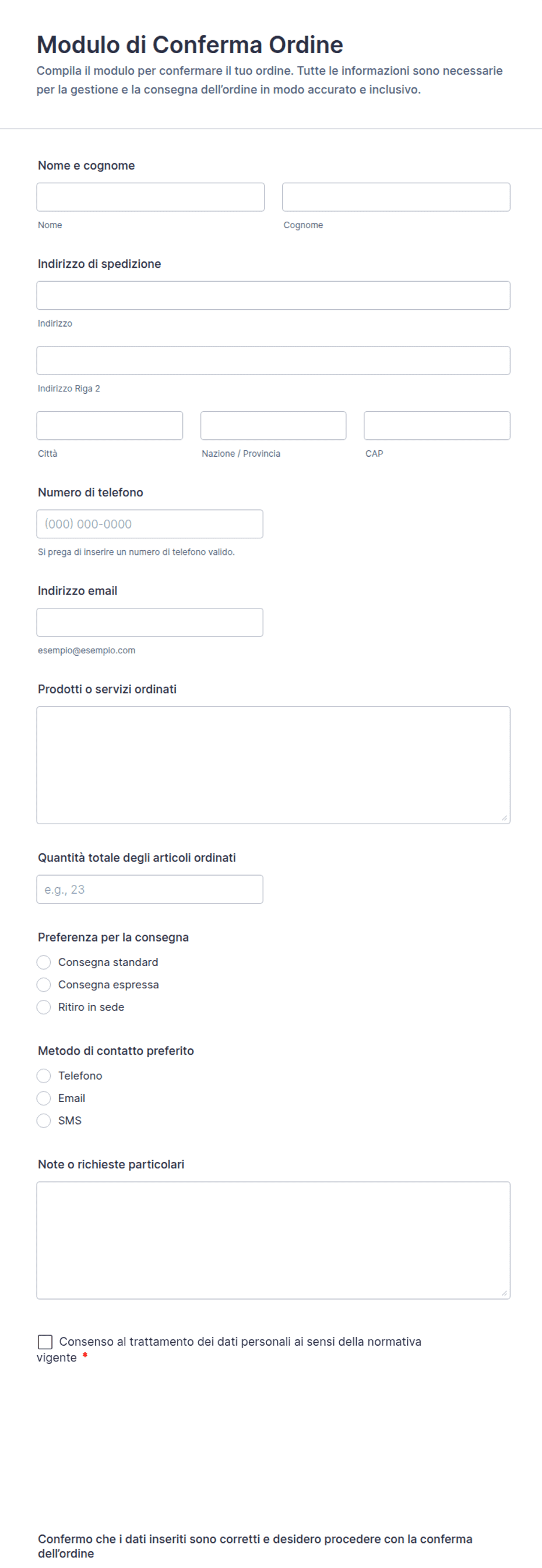 Modulo di Conferma Ordine | Jotform