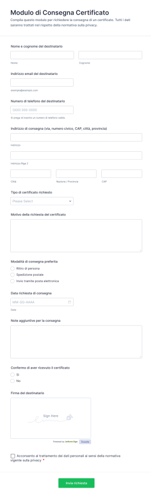 Modulo Di Consegna Certificato
