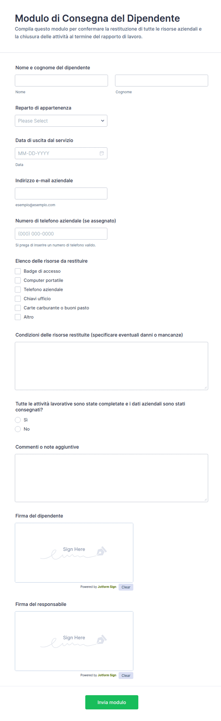Modulo di Consegna del Dipendente | Jotform