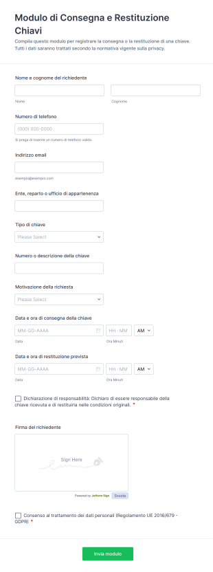 Modulo Di Consegna E Restituzione Chiavi