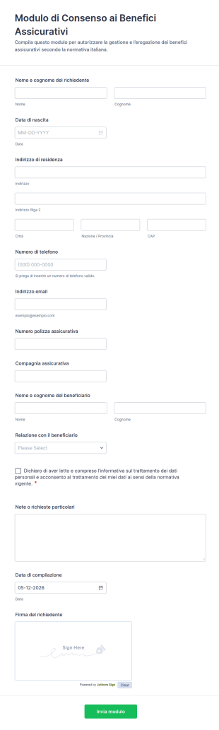 Modulo Di Consenso Ai Benefici Assicurativi