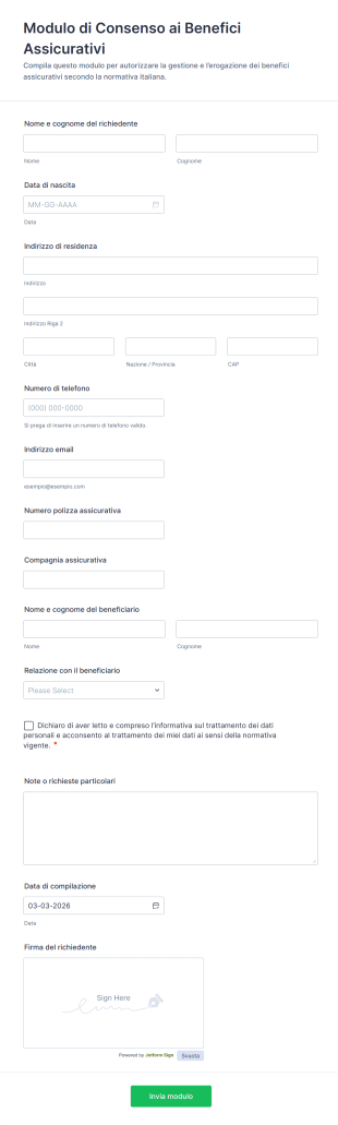 Modulo Di Consenso Ai Benefici Assicurativi