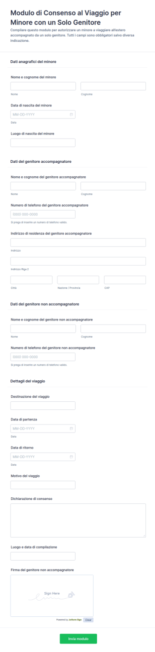 Modulo Di Consenso Al Viaggio Per Minore Con Un Solo Genitore