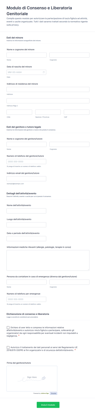 Modulo Di Consenso E Liberatoria Genitoriale