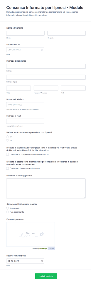 Modulo Di Consenso Informato Per Ipnoterapia