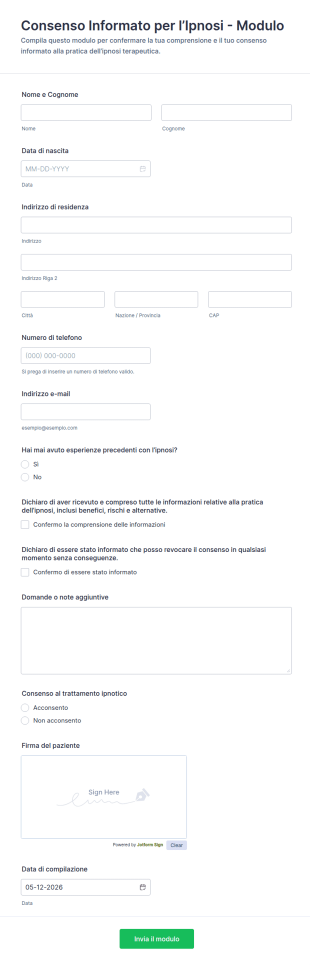 Modulo Di Consenso Informato Per Ipnoterapia