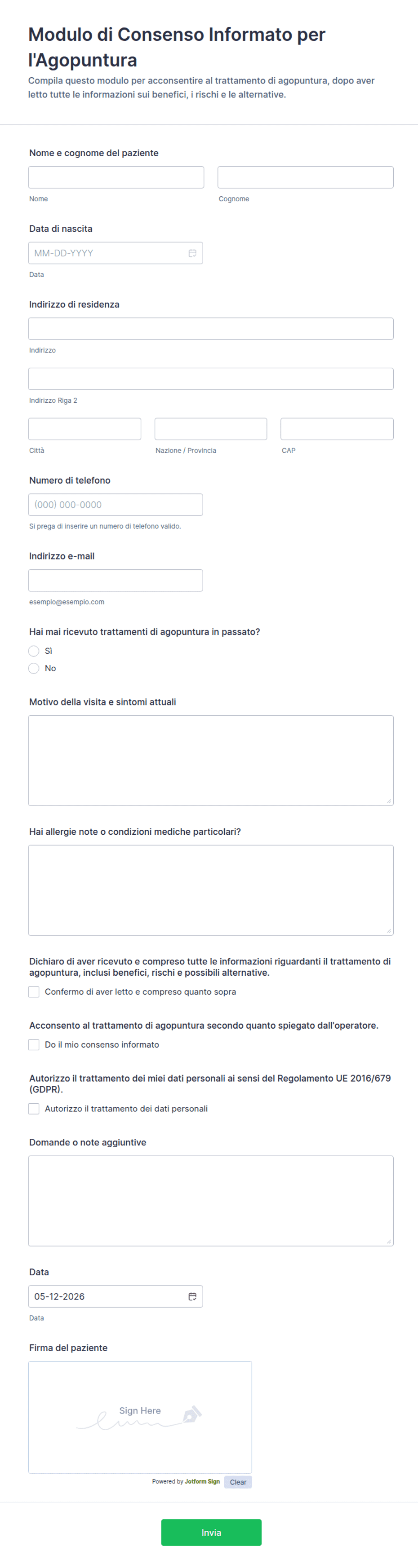 Modulo di Consenso Informato per l'Agopuntura | Jotform