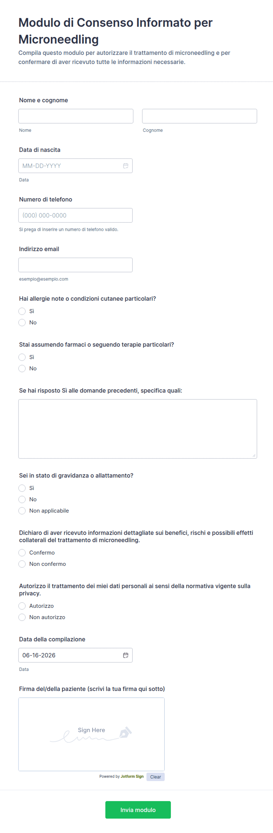 Modulo di Consenso Informato per Microneedling | Jotform
