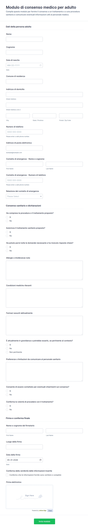 Modulo Di Consenso Medico Per Adulti