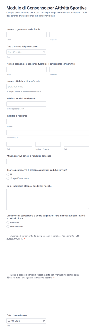 Modulo Di Consenso Per Attività Sportive