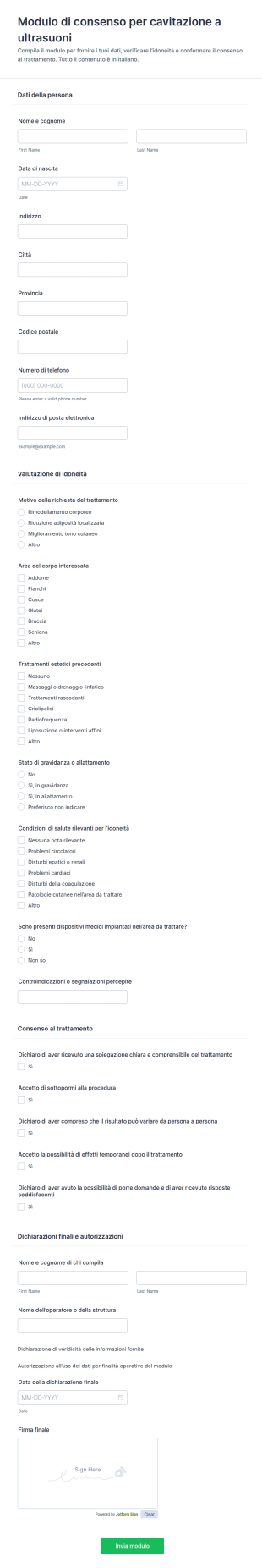 Modulo Di Consenso Per Cavitazione Ultrasuoni