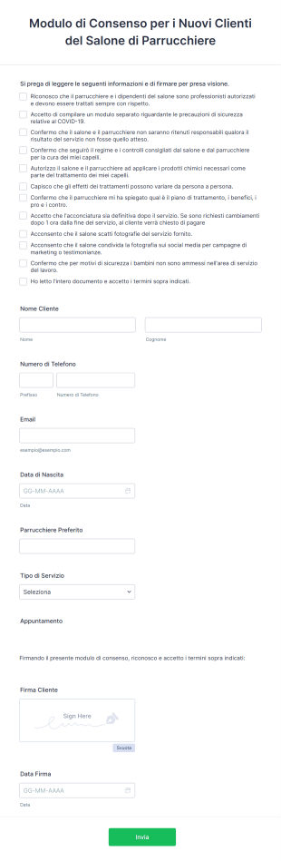 Modulo Di Consenso Per I Nuovi Clienti Del Salone Di Parrucchiere Form Template