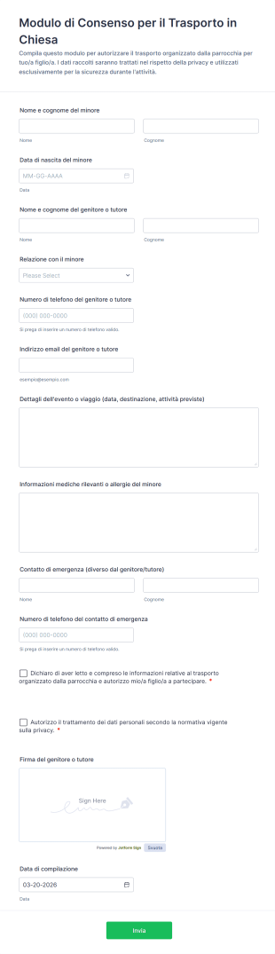 Modulo Di Consenso Per Il Trasporto In Chiesa