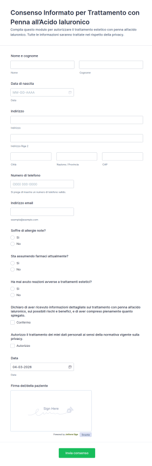 Modulo Di Consenso Per L'Utilizzo Del Penna All'Acido Ialuronico