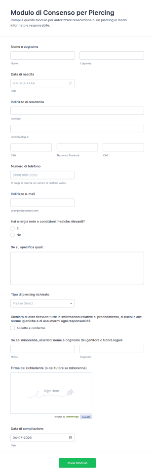 Modulo Di Consenso Per Piercing Corporali