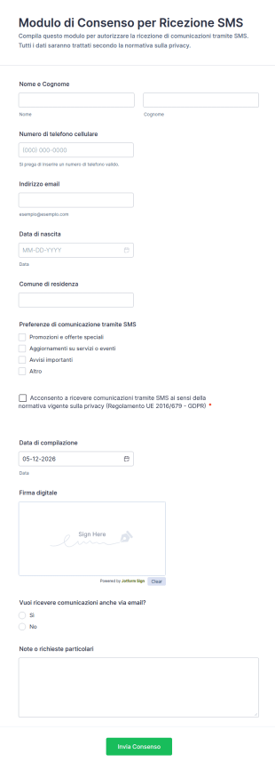 Modulo Di Consenso Per Ricezione SMS