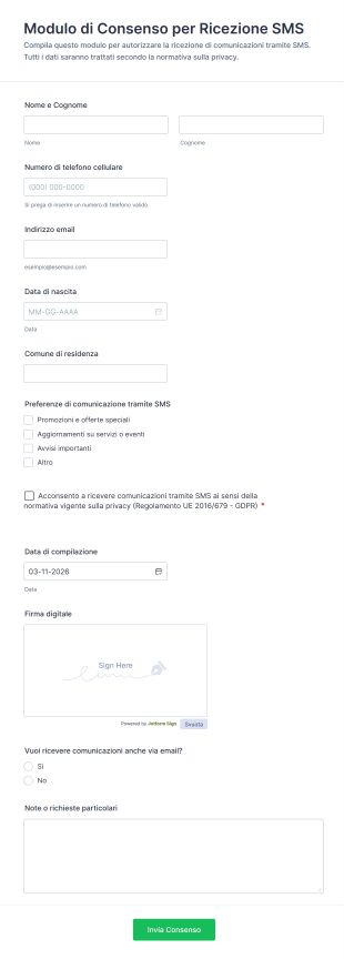 Modulo Di Consenso Per Ricezione SMS